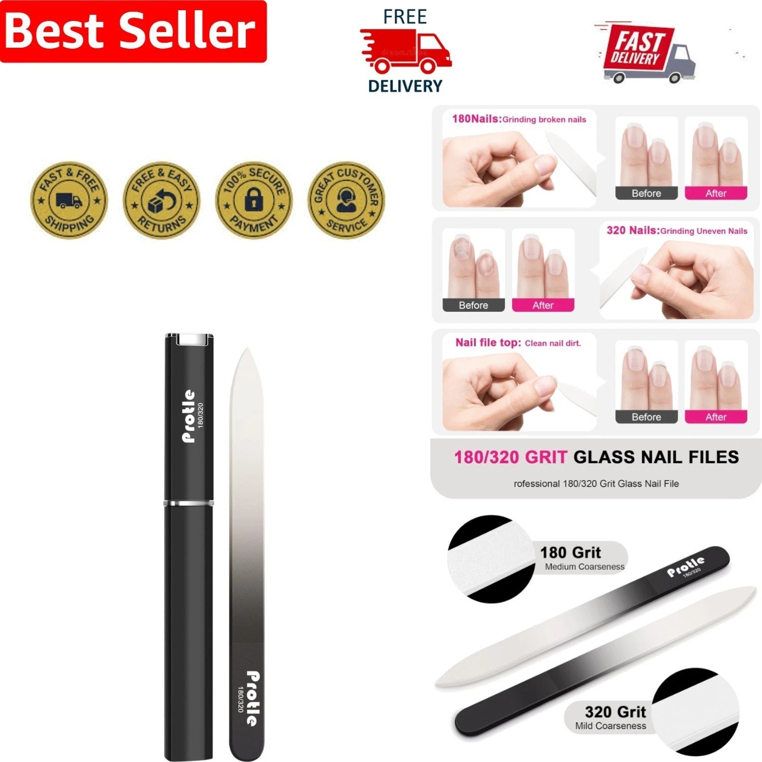Luxury Crystal Glass Nail File Set, Double-Sided 180/320, Black Case Included