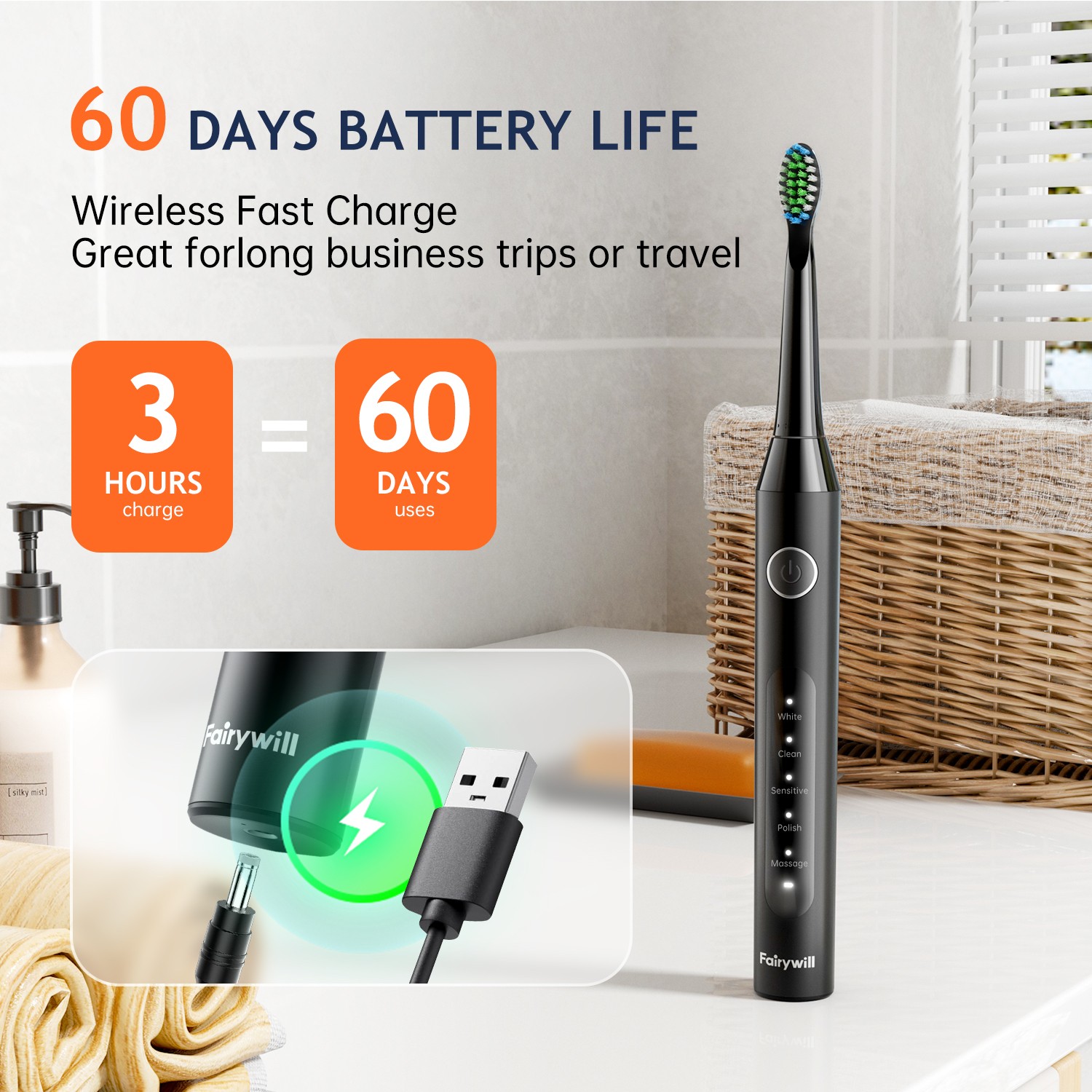 Fairywill Electric Toothbrush Sonic Toothbrush USB Rechargeable 6 Heads 5 Modes