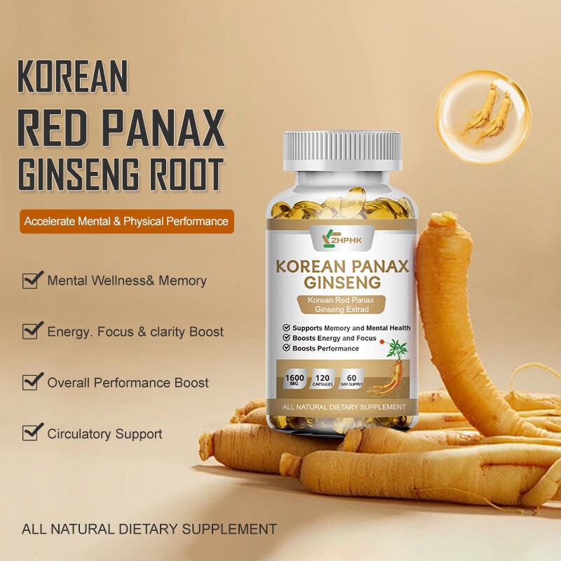 Organic Extra Strength Red Korean Panax Ginseng Capsules,1600mg Energy Focus