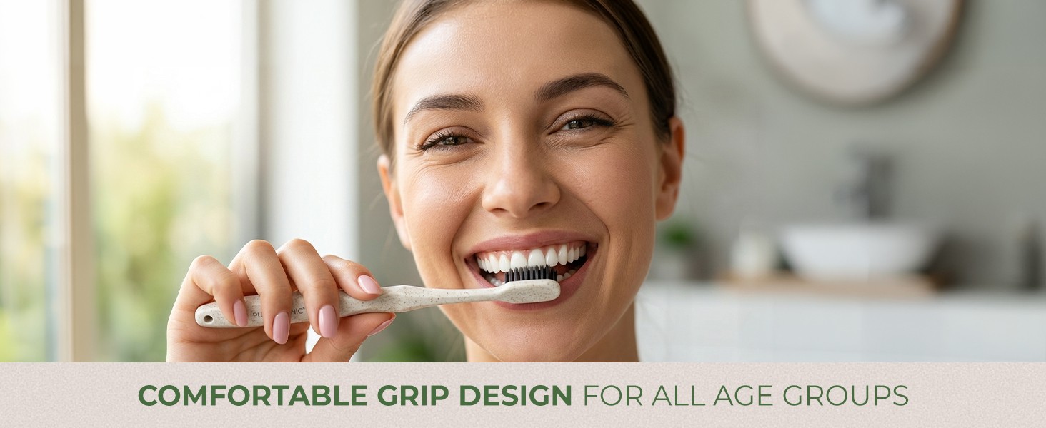 Wide Head Toothbrush Set with Cedarwood Wooden Handle & Soft Charcoal Bristles –