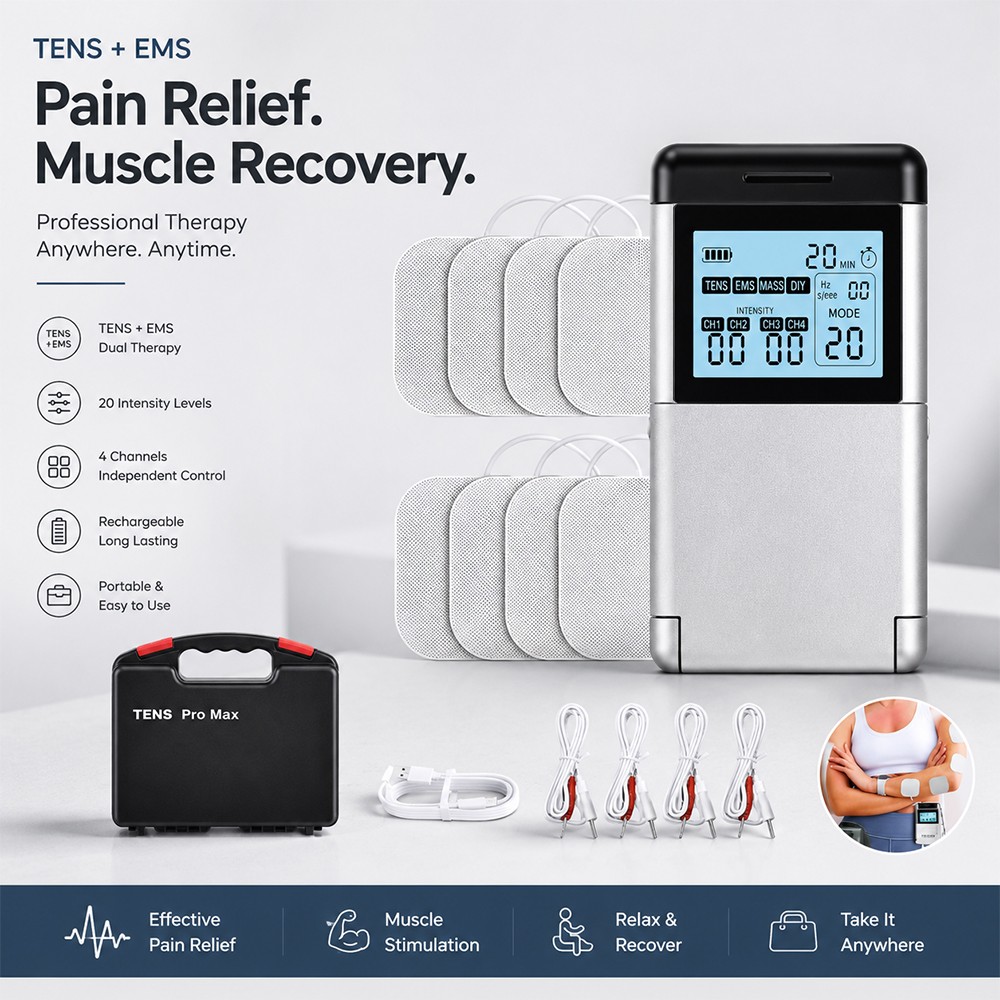 TENS 7000 EMS 4 Channel Muscle Stimulator Rechargeable Electronic Pulse Massager