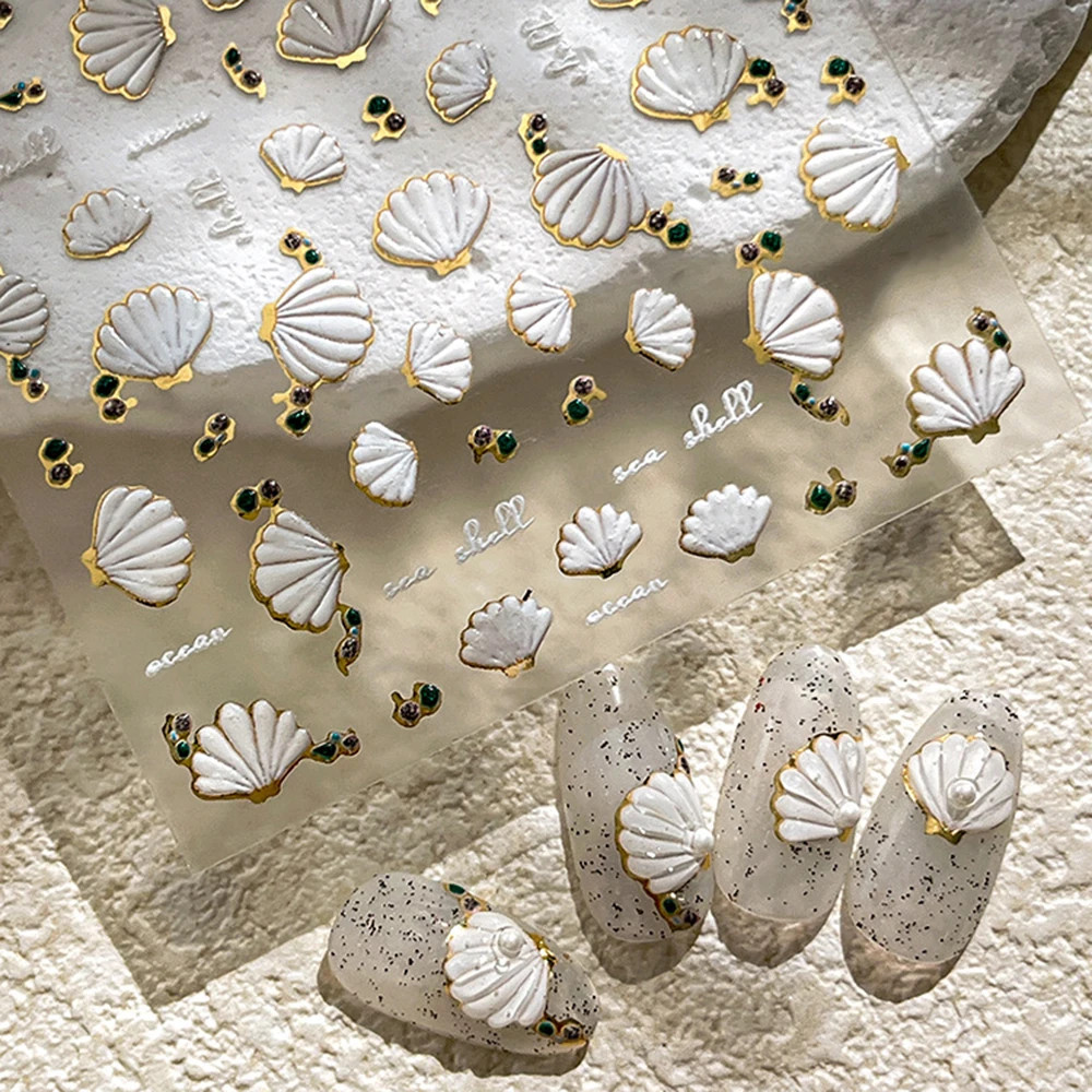 1Pcs 5D Embossed White Seashell Nail Stickers Gold Border Scallop Self Adhesive