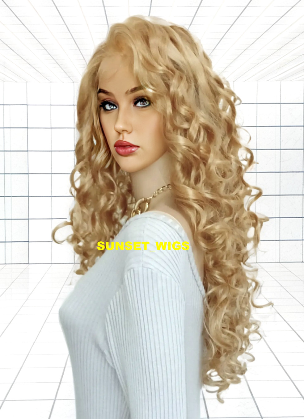 30″ C PART LACE FRONT WIG LONG CURLY LAYERED GOLDEN BLONDE HEAT OK