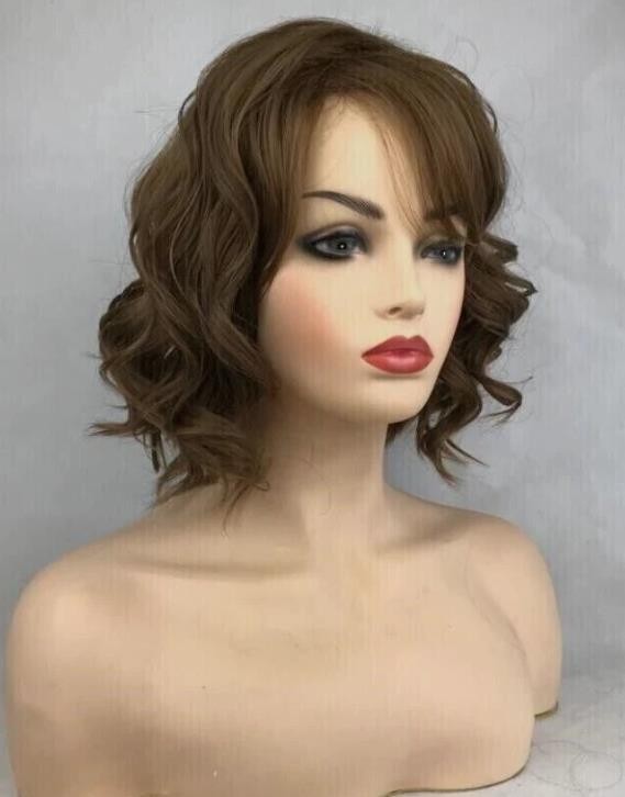 Women Medium Curly Wavy Brown Hair Heat OK Wigs Fashion Wigs