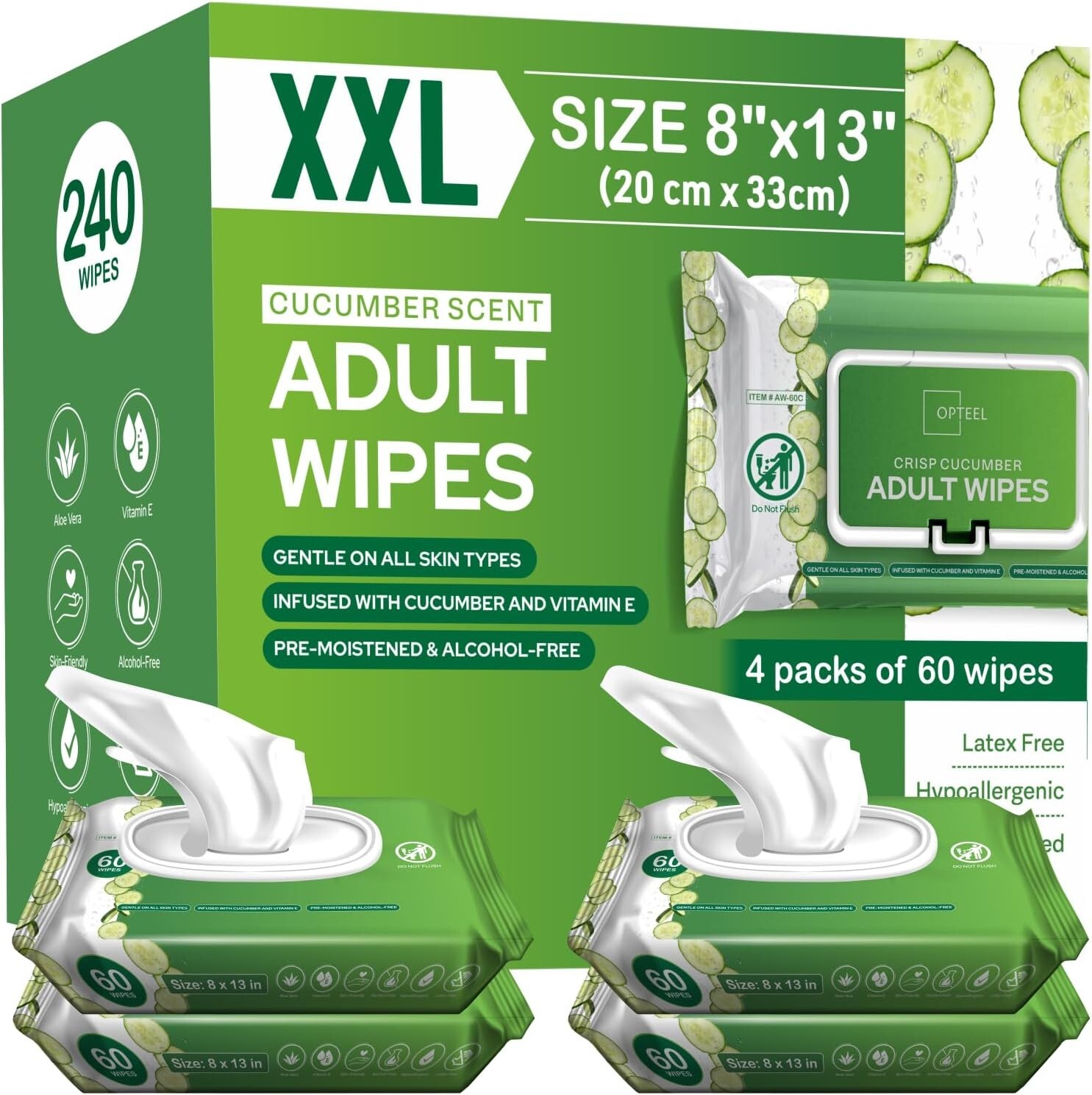 Adult Wipes For Elderly Softly Scented – 8×13″ 240ct (4 Packs of 60)