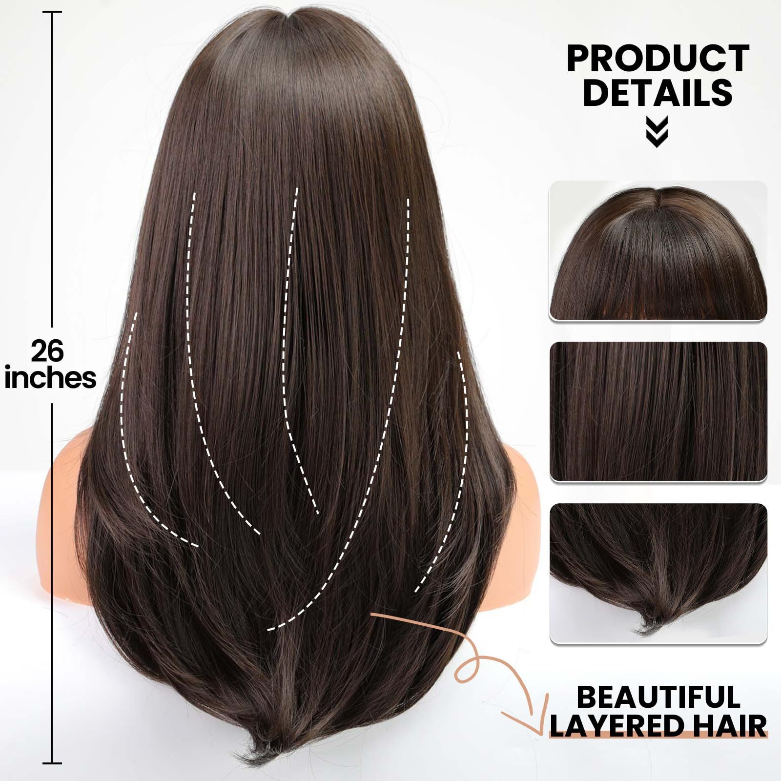 Brown Long Straight Wig with Bangs Layered Heat Resistant Synthetic Full Wig