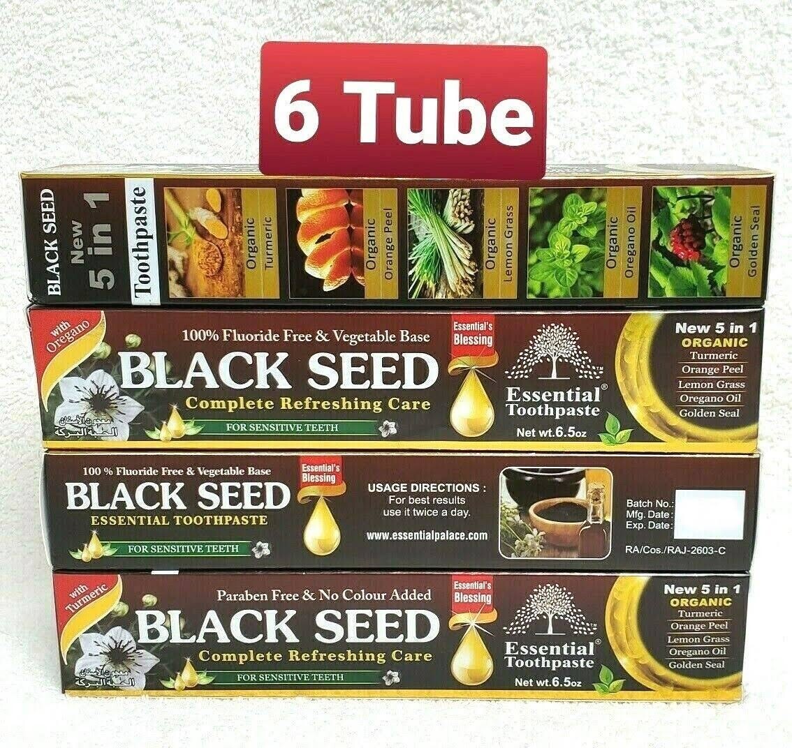 6 Tube BLACK SEED Toothpaste 5 in 1 Essential 100% Fluoride Free & Vegetable Bas