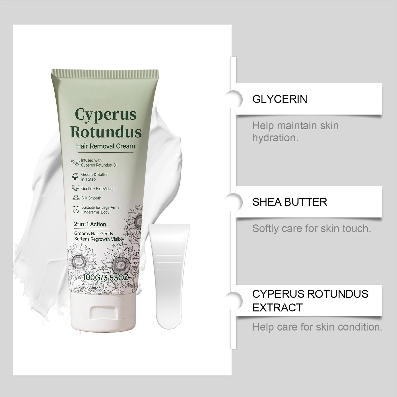 Cyperus Rotundus Hair Removal Cream for Women, 2-In-1 Bare Basics Hair Removal