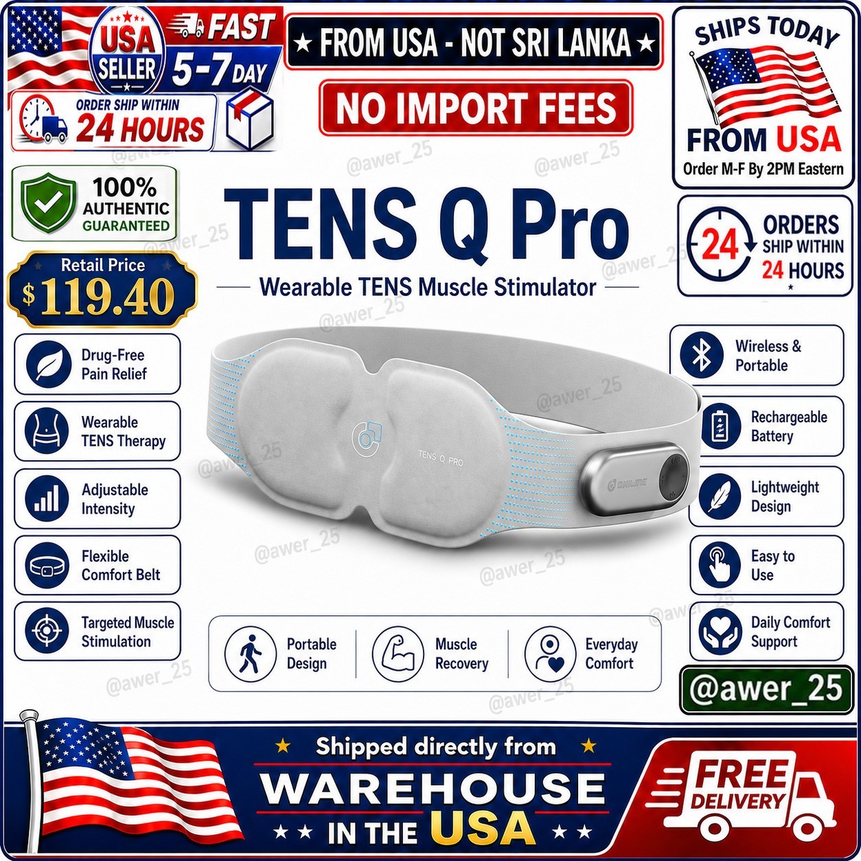 0xiline TENS Q Pro Rechargeable TENS EMS Heating Belt for Lower Back🚚From USA🚚