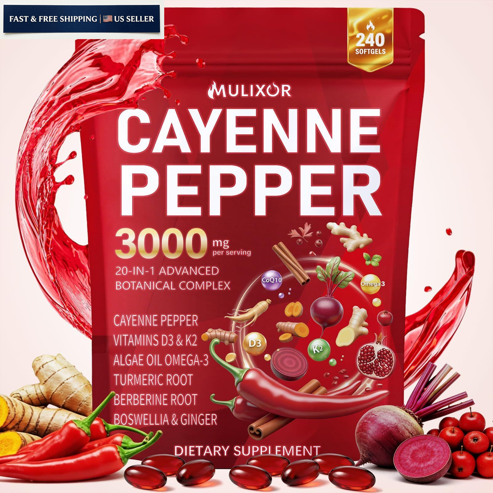 Cayenne Pepper Softgels, 20-in-1 240 Count (Pack of 1)