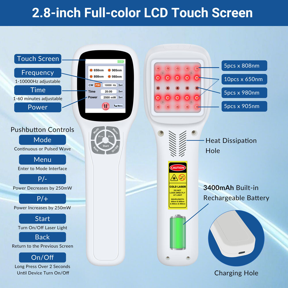 Handheld FourWave Cold Laser Equipment Touch Control Red Light Therapy Device