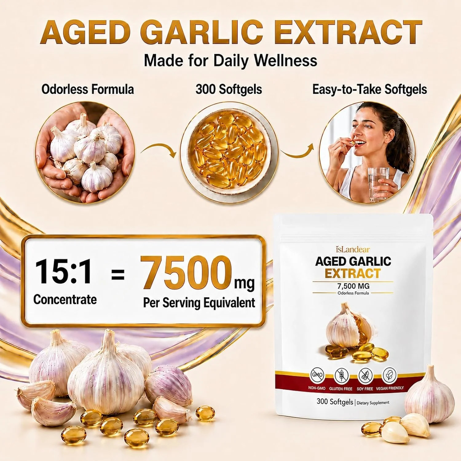 Aged Garlic Extract – 7500mg Odorless, 300 Softgels, Aged Garlic Supplement