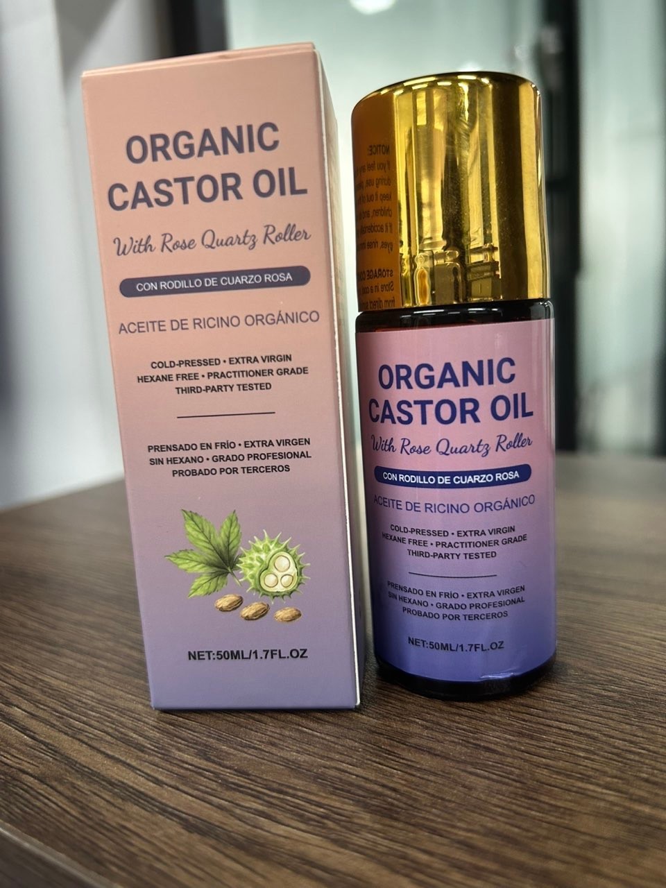 1Bottle Organic Golden Castor Oil Roll-On with Rose Quartz for Skin,Hair&Wrinkle