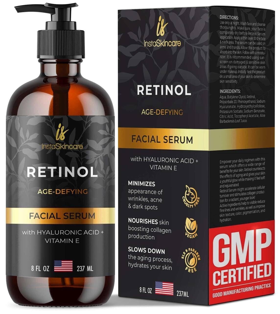 Retinol Serum for Face with Hyaluronic Acid + Vitamin E and A + Aloe Vera (8Oz)