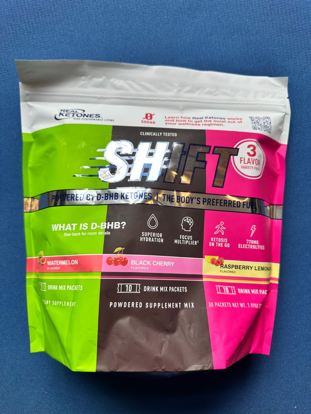 Real Ketones SHIFT Variety Pack, Watermelon, Black Cherry, Ras Lemonade, 30 Days