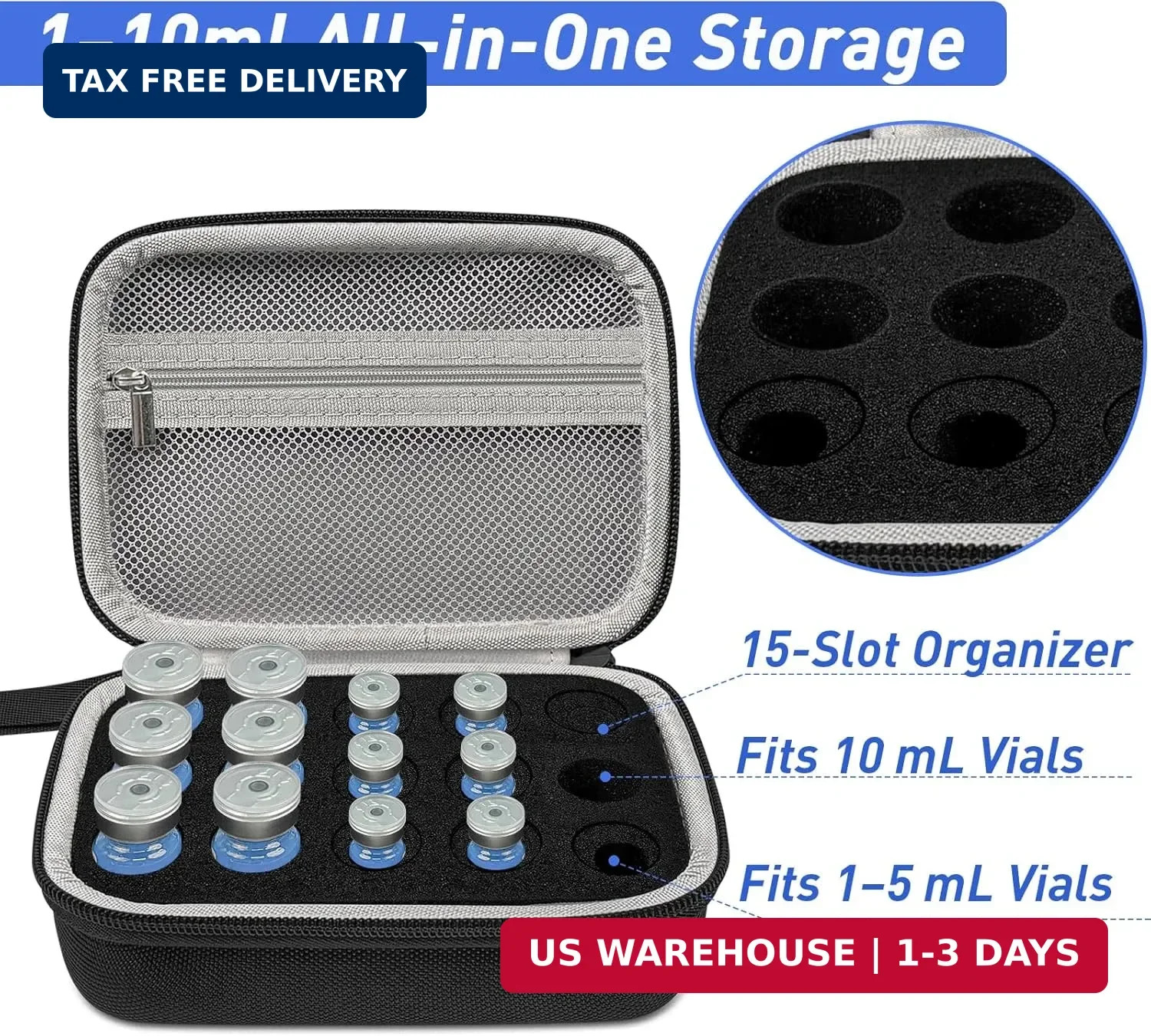 3/5/10ML Peptide Case – with Mesh Pocket, Fits 3ml … 15-Slot Peptide Organizer