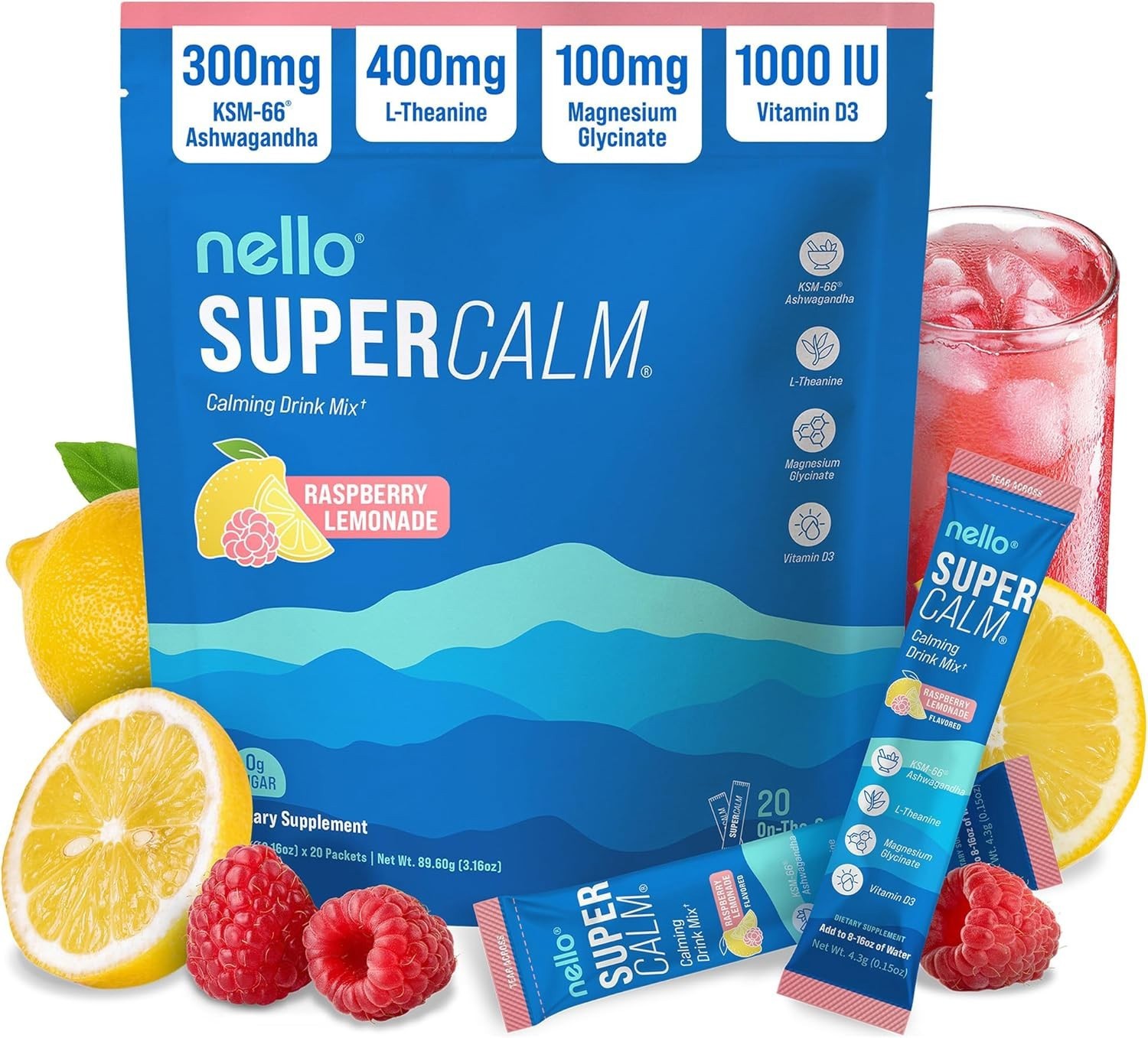Nello Lemon Supercalm Powdered Drink Mix Cortisol Reducer Sleep Aid Supplement