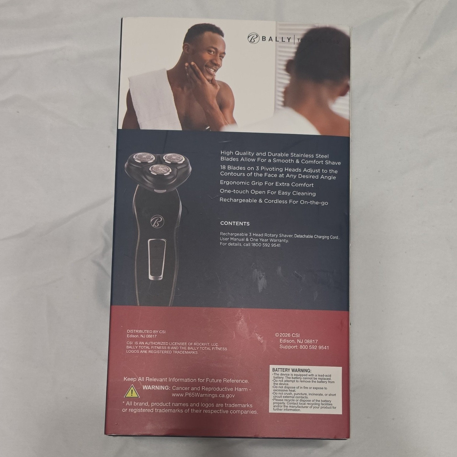 Bally Total Fitness Rechargeable Cordless 3 Head Rotary Facial Shaver Razor New