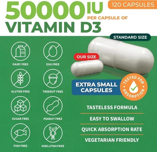 Vitamin D3 50000 IU – Bone Health and Immune Support – Small Easy to Swallow Cap