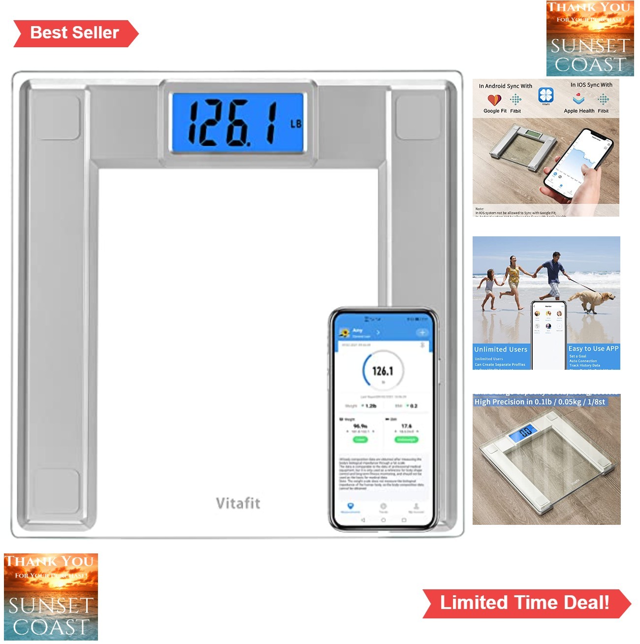 Digital Bathroom Scale 550lb 0.1lb Accurate Smart BMI Bluetooth App 8mm