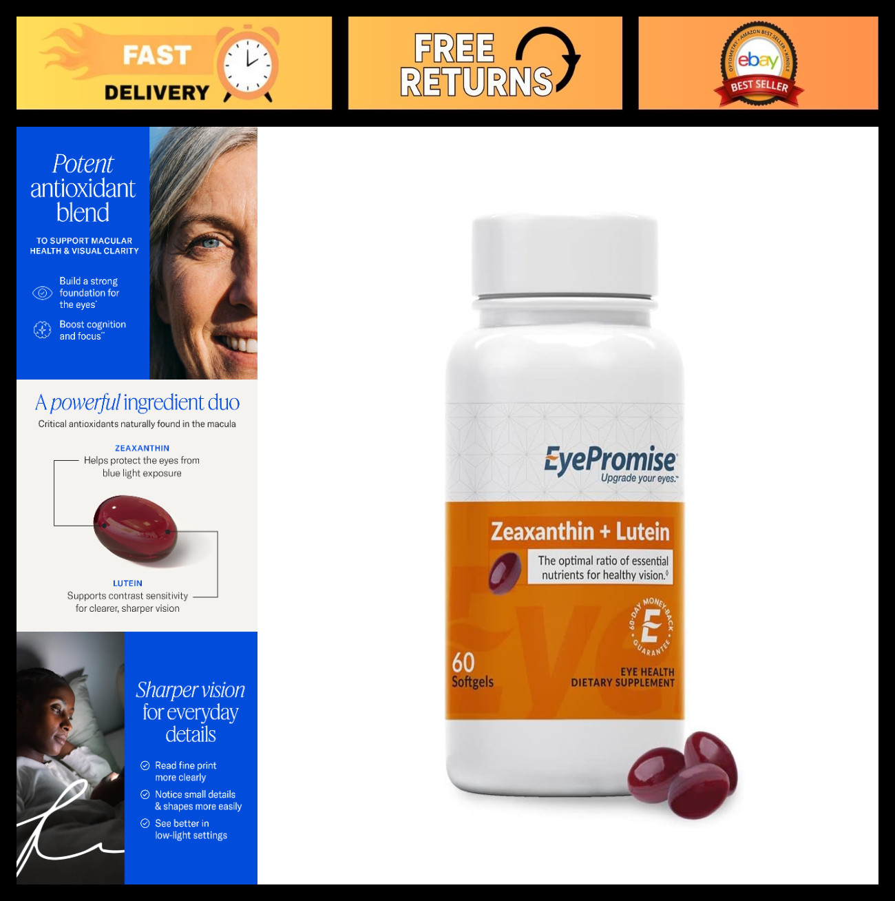Lutein & Zeaxanthin Eye Health Supplements – 60 Softgels for Vision Support, 30-