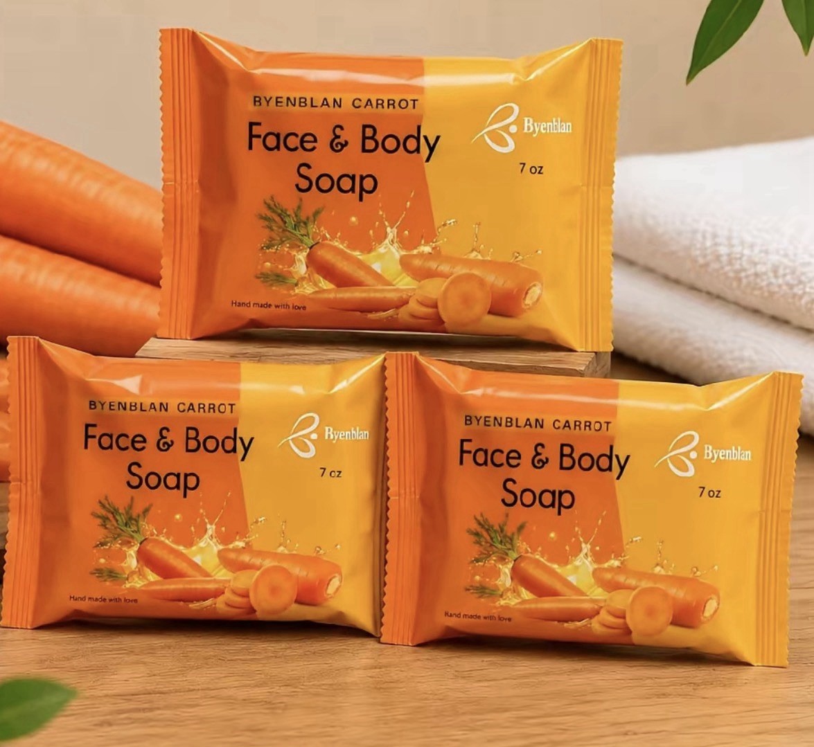 Byenblan Handmade 3x Carrot Face & Body Soap Bar 7oz, Men/Women, All Skin Types