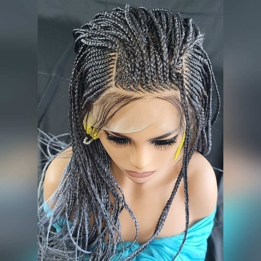 Braided Wig Micro Braids Lace Front Glueless 26in Silver Black Ombre Handmade