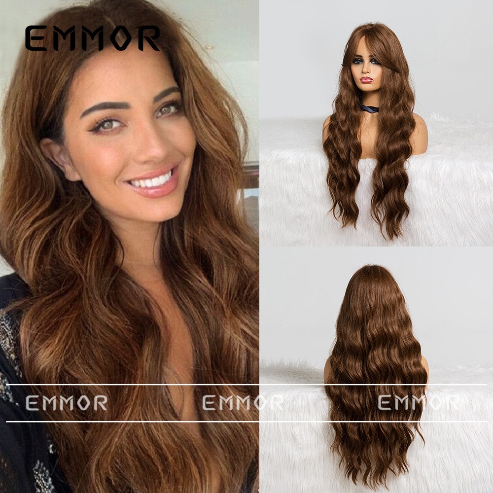 Side Swept Bangs Brown Long Wavy Wig European Style Heat Resistant Synthetic