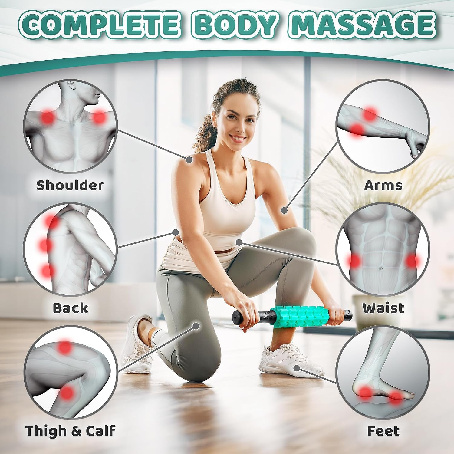 Muscle Roller Stick – Green – Hand Held Body Massager with 9 Rollers & Non-Slip