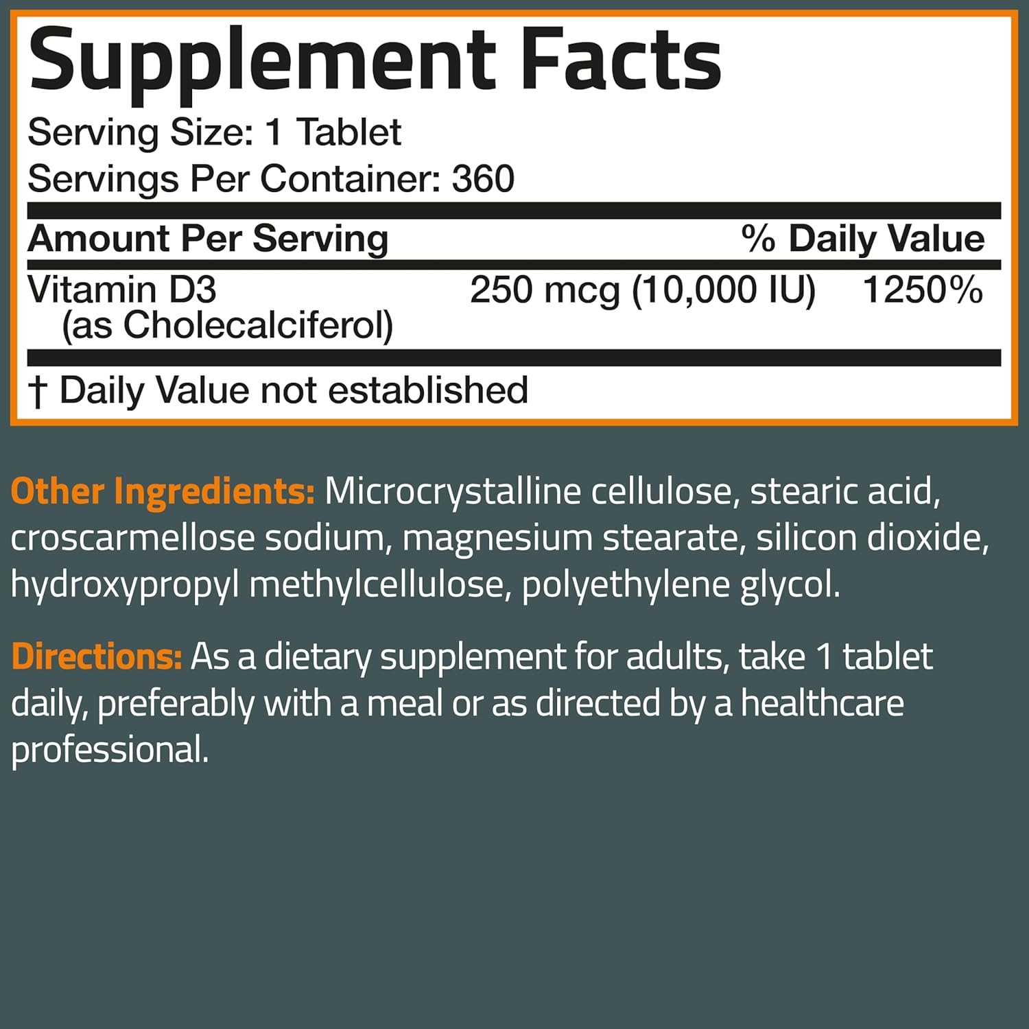 Vitamin D3 10000 IU 250mcg 360 Tablets 1 Year Supply Immune Support Non-GMO…
