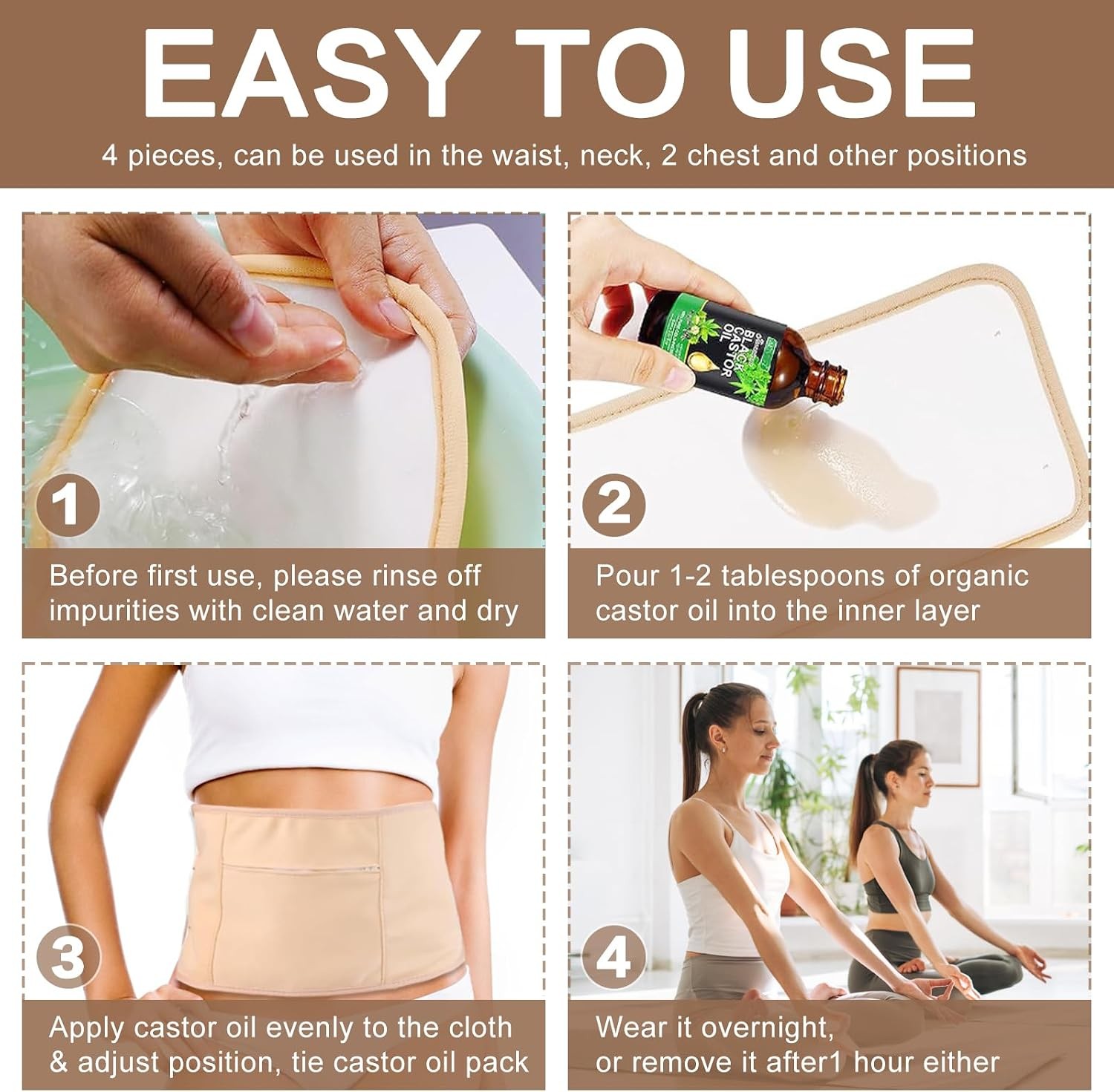 4 Pack Organic Cotton Castor Oil Wrap Reusable Body Compress Pads Adjustable Str
