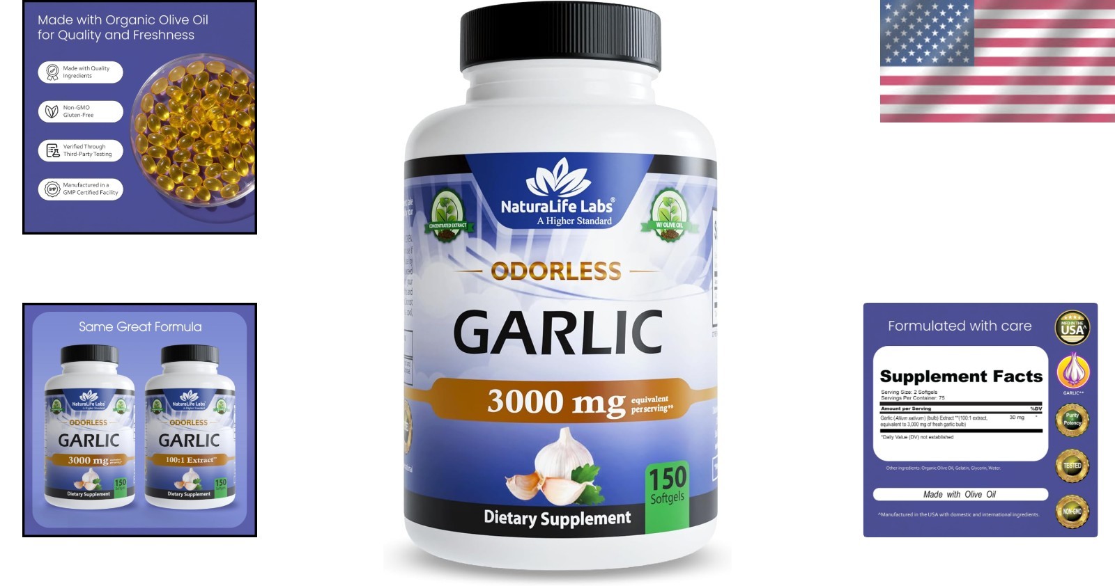 High-Quality Odorless Garlic Softgels – 100:1 Extract with Olive Oil – 150 Count