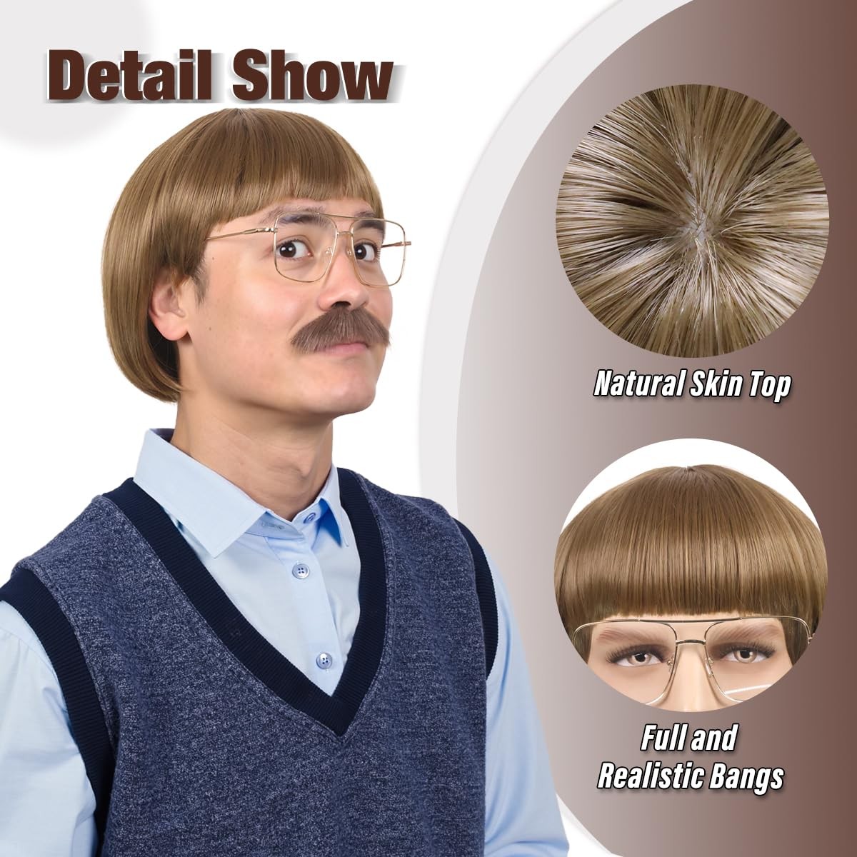 Short Straight 60 70s Bowl Cut Funny Wig with Glasses and Mustache for Men Crazy