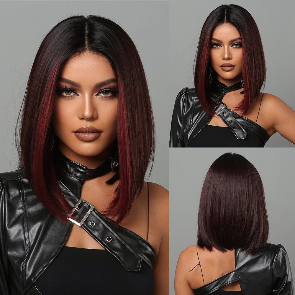 Middle Part Ombre Red Brown Long Straight Wig European American Style Synthetic
