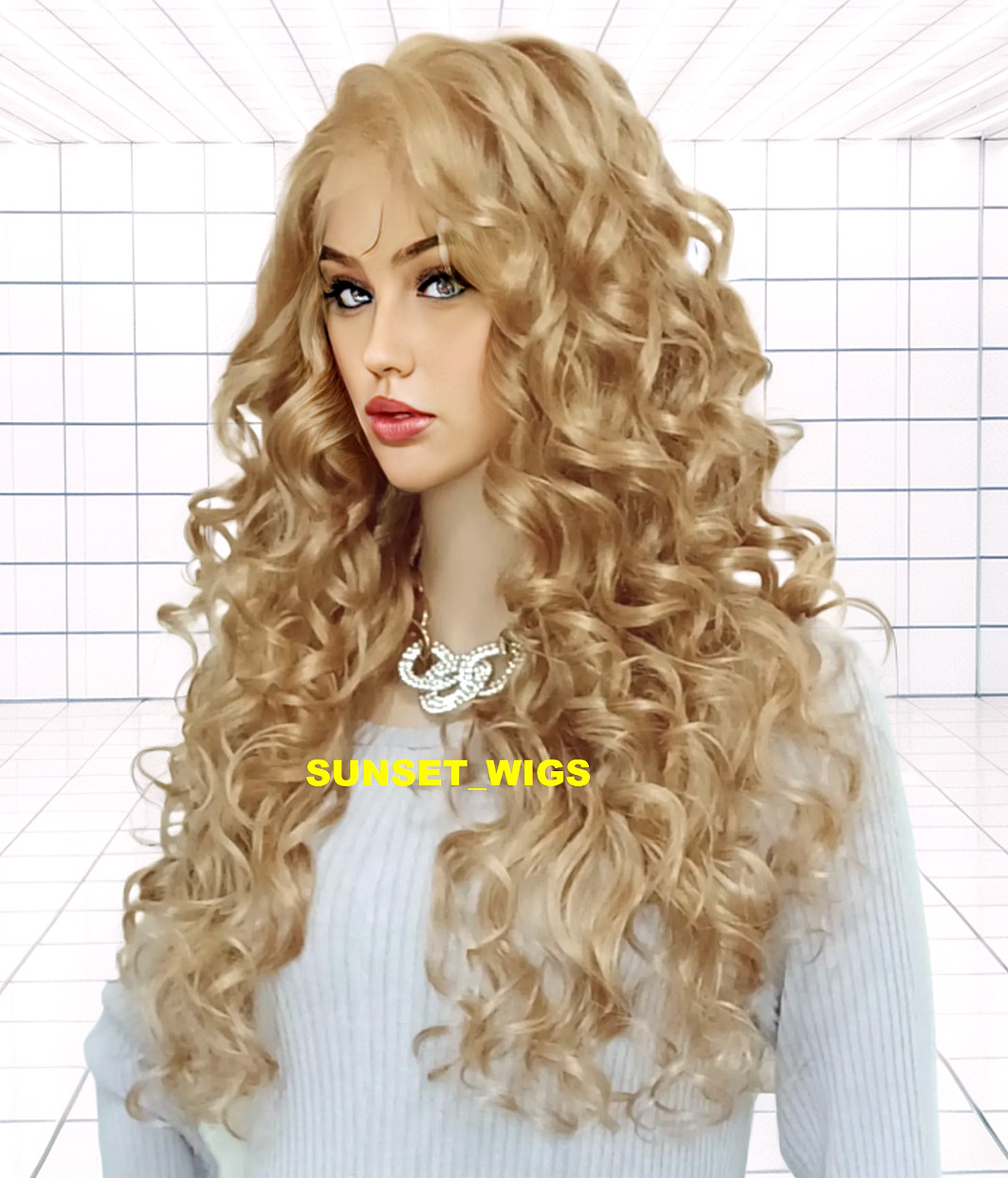 30″ C PART LACE FRONT WIG LONG CURLY LAYERED GOLDEN BLONDE HEAT OK