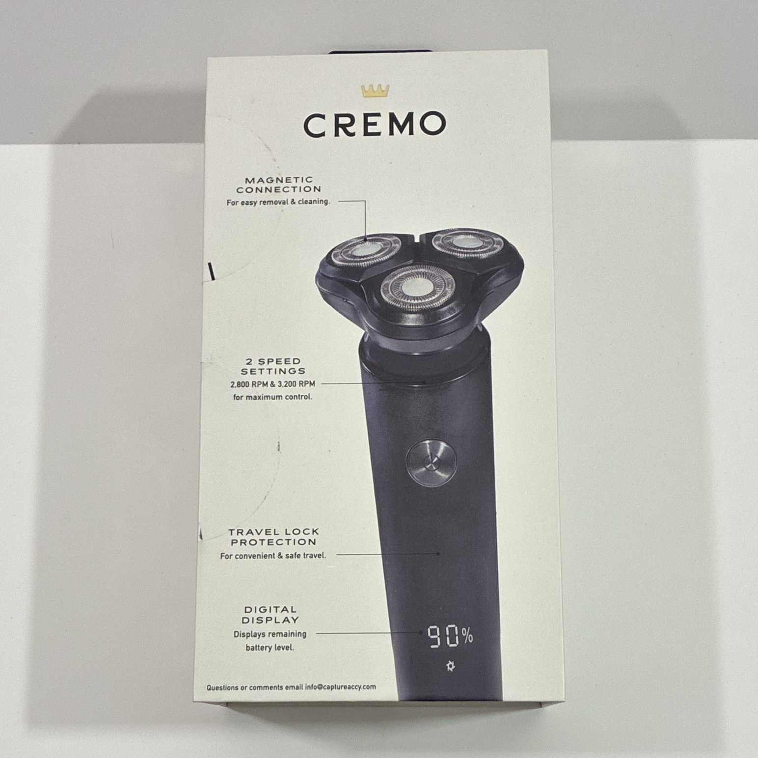 CREMO Men’s 3-Head Rotary Facial Shaver, Digital Display, Travel Lock, Black
