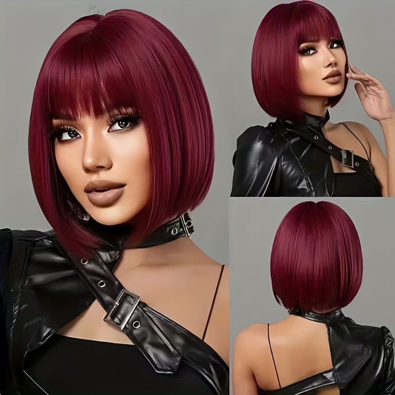 12-Inch Wine Red Bob Wig with Bangs Heat-Resistant Synthetic Hair Daily Parties