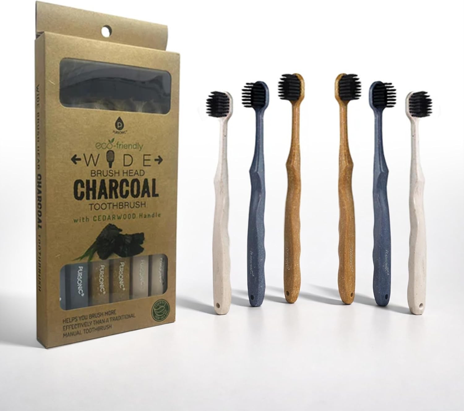Wide Head Toothbrush Set with Cedarwood Wooden Handle & Soft Charcoal Bristles –