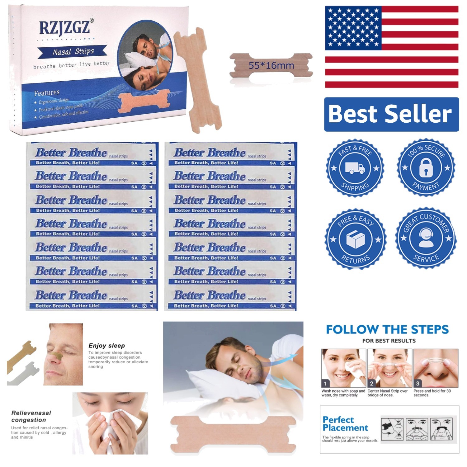 Instant Relief Nasal Strips – 60 Pack to Reduce Snoring & Enhance Sleep Quality