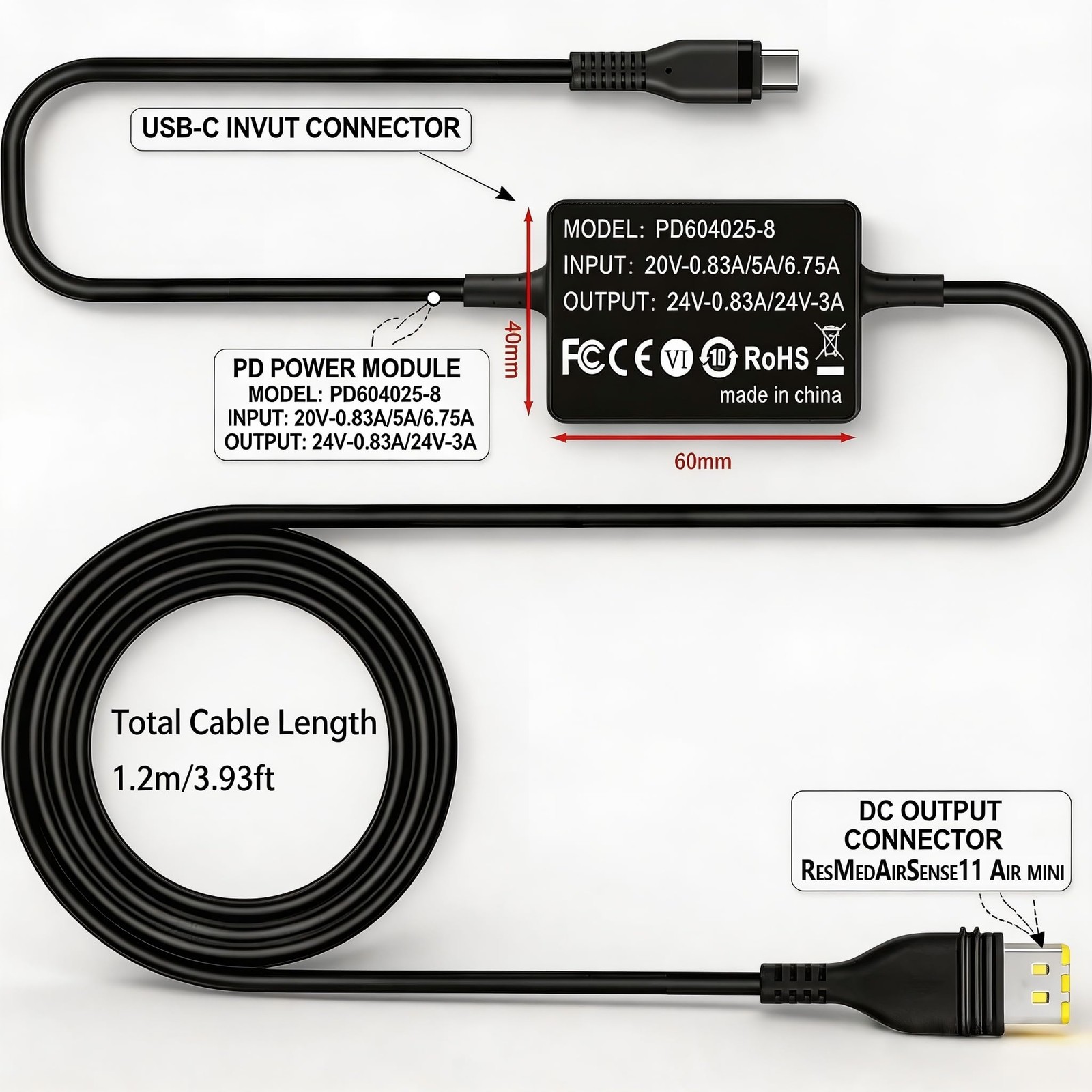 USB C PD Power Cable for ResMed AirSense 11 AirMini 65W Battery Backup