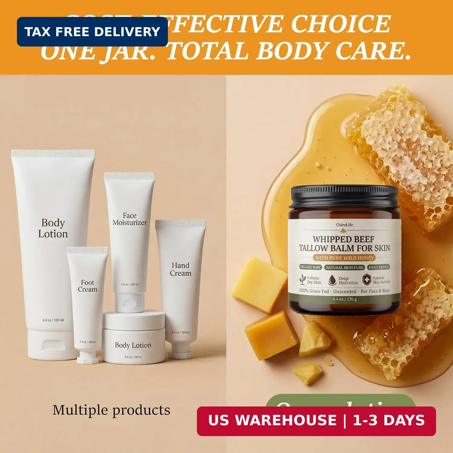 Grass-Fed Beef Tallow for Skin, Whipped Tallow and Honey Balm for Face and Body,