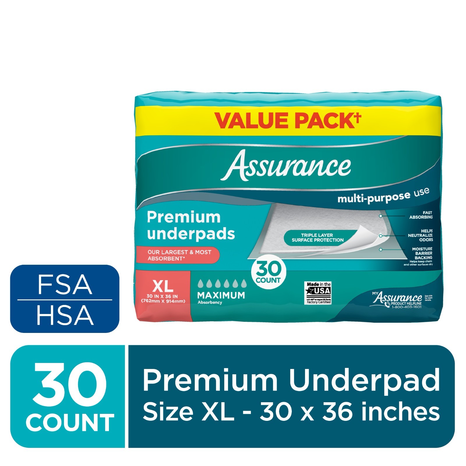 Assurance Unisex Premium Underpads (30) and Washcloths (192) for Adults, XL