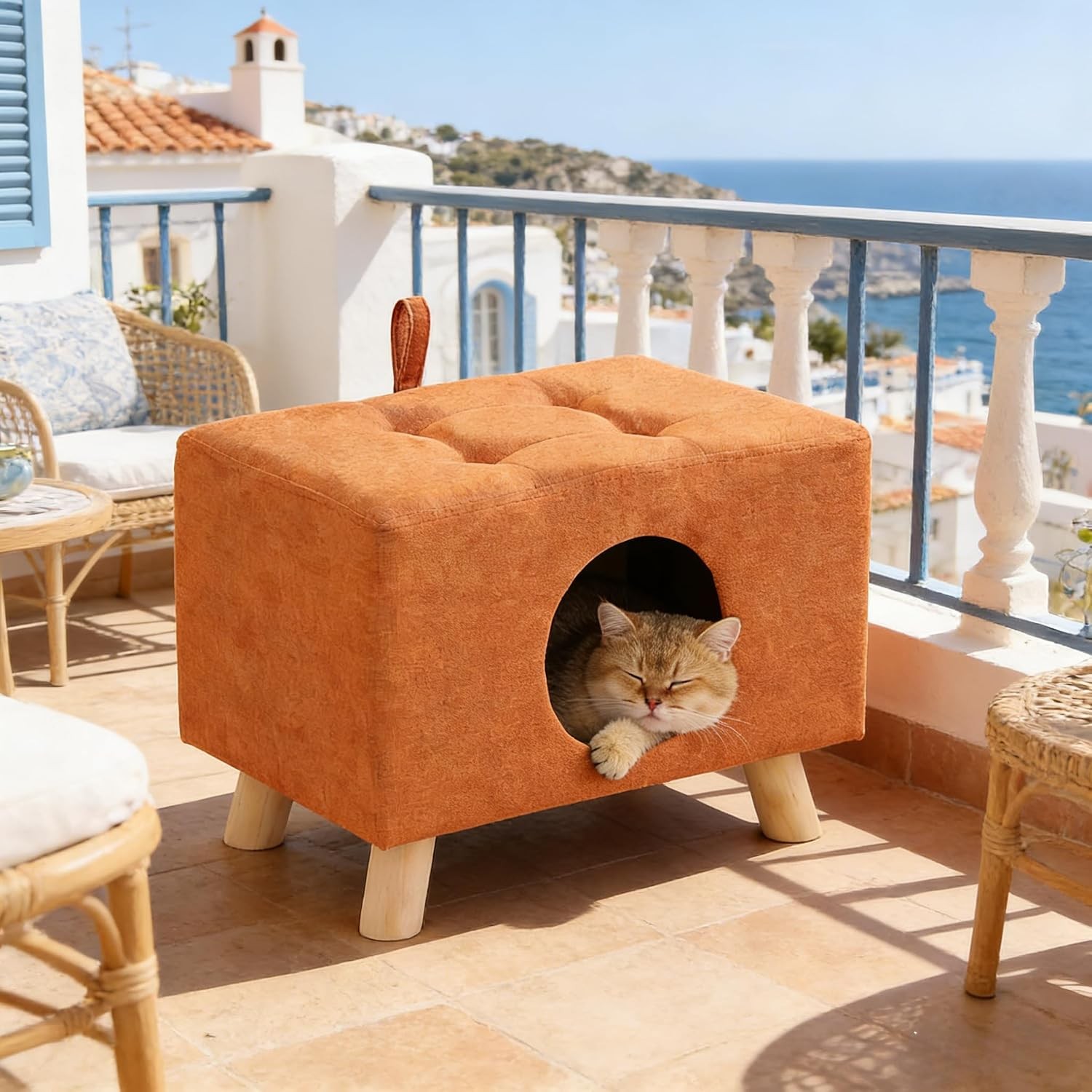 2-in-1 Cat Bed Stool,Semi-Enclosed Cat Cave Pet Bed for Indoor Cats & Small Dogs