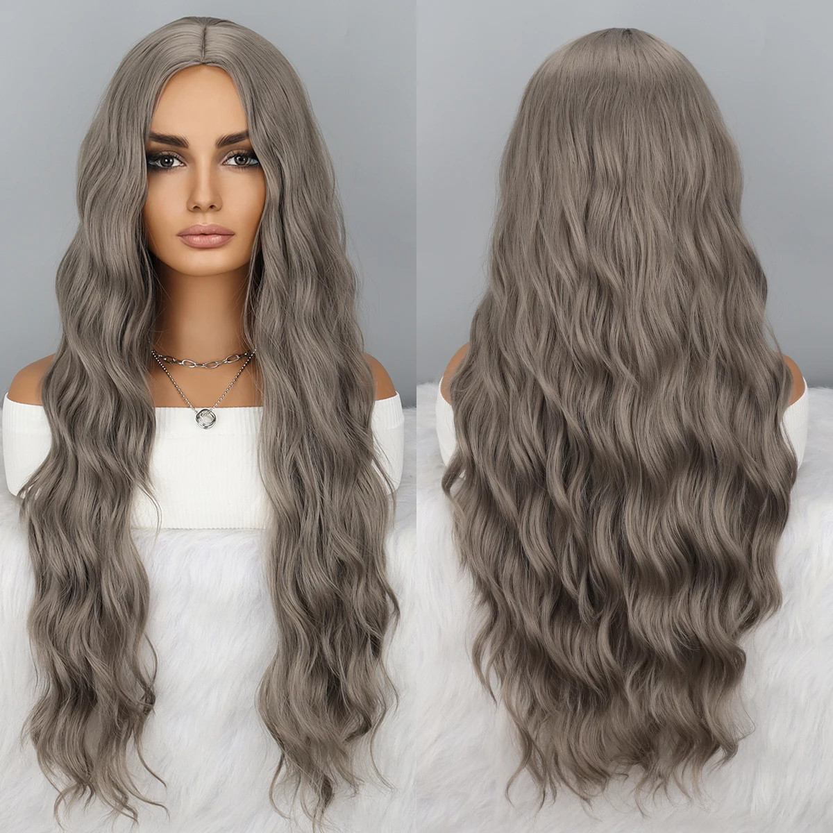 Long Wavy Middle Part Wig No Bangs Synthetic Curly Hair Women Party Cosplay