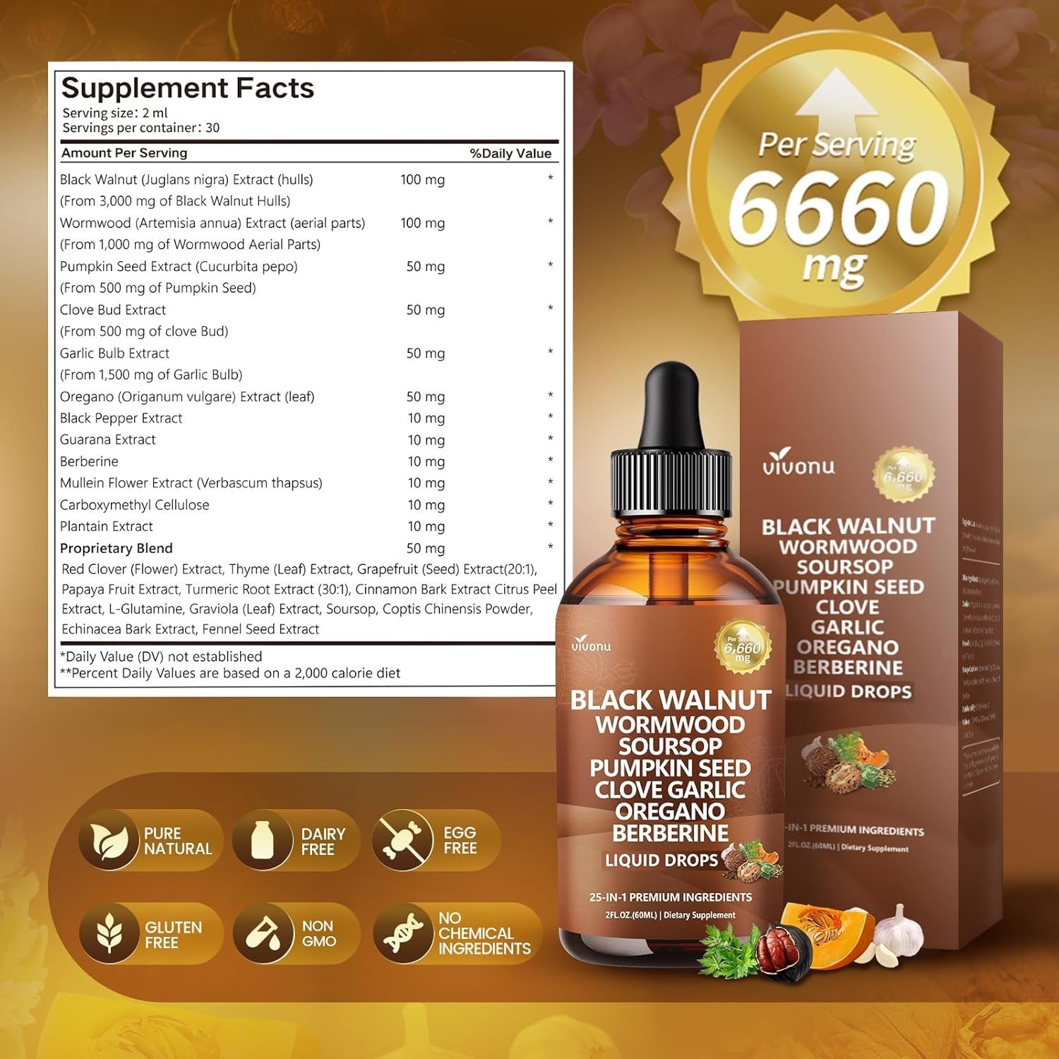 25in1 Black Walnut Wormwood Clove Liposomal Tincture Drops Lymphatic Support 25