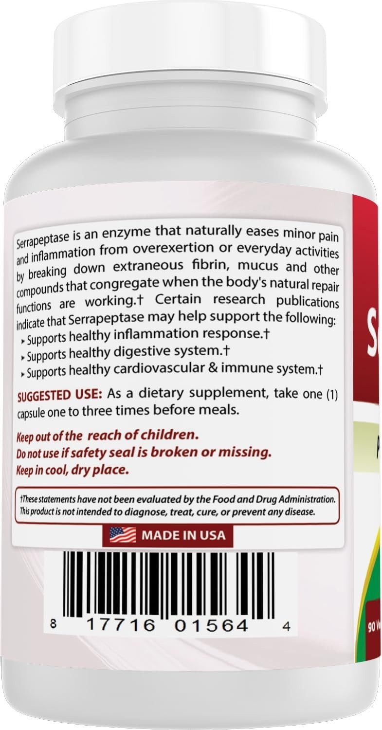 Serrapeptase 40,000 SPUs – Powerful Digestive Support, 90 Count per Bottle