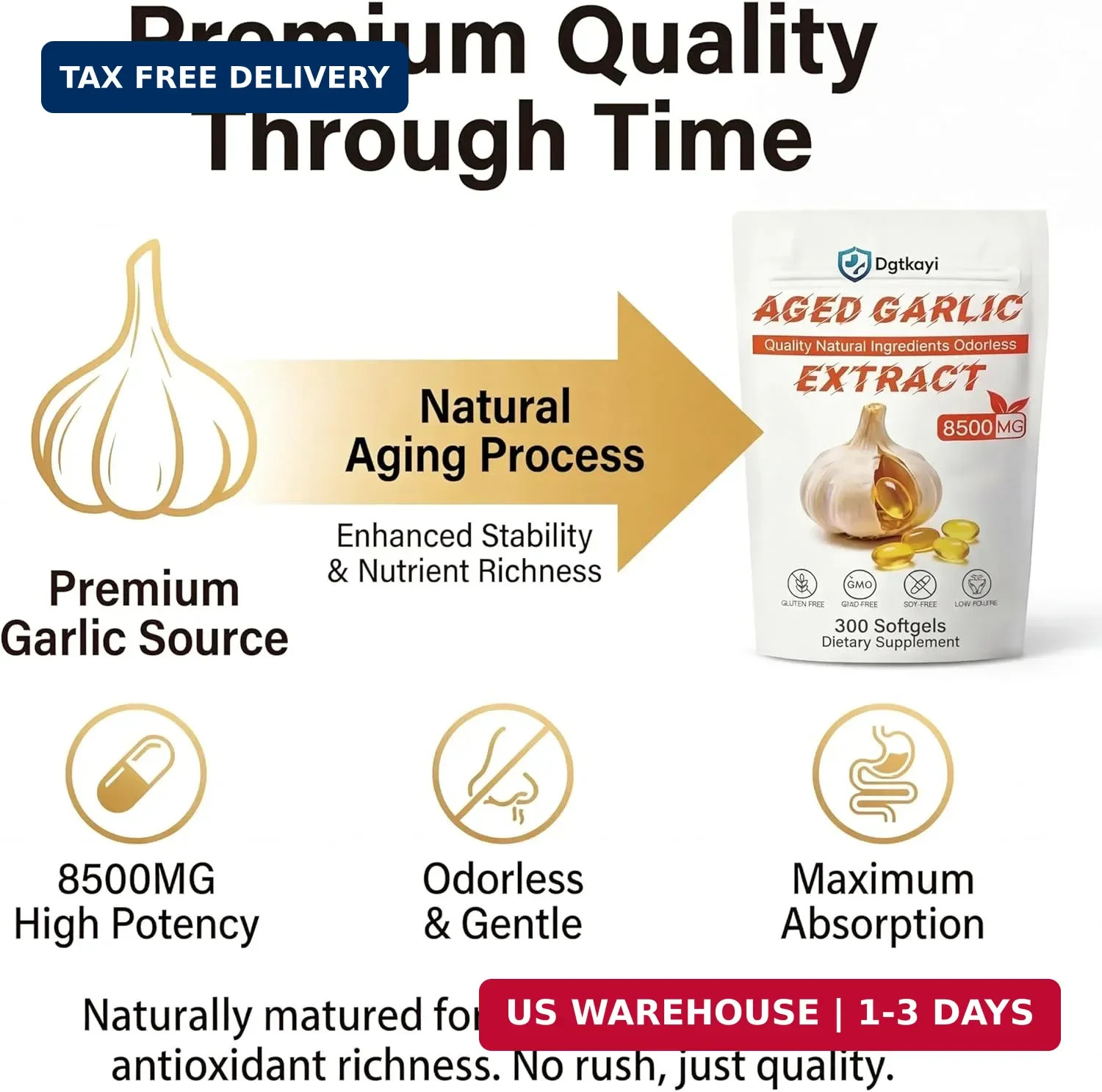 Odorless Aged Garlic Extract 8500mg – 300 Softgels, 2 Year Aged Organic Garlic S