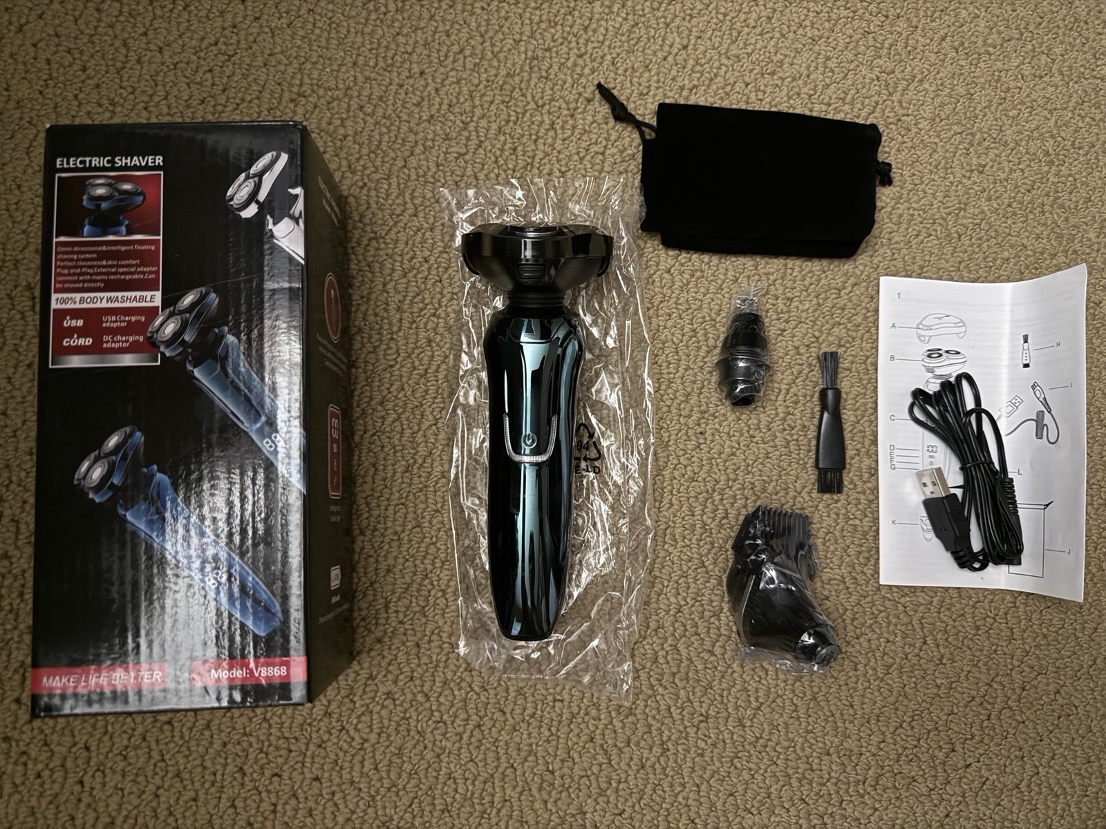 3 Head Rotary Electric Shaver Blue Black Rechargeable LED Display Wet/Dry V8868