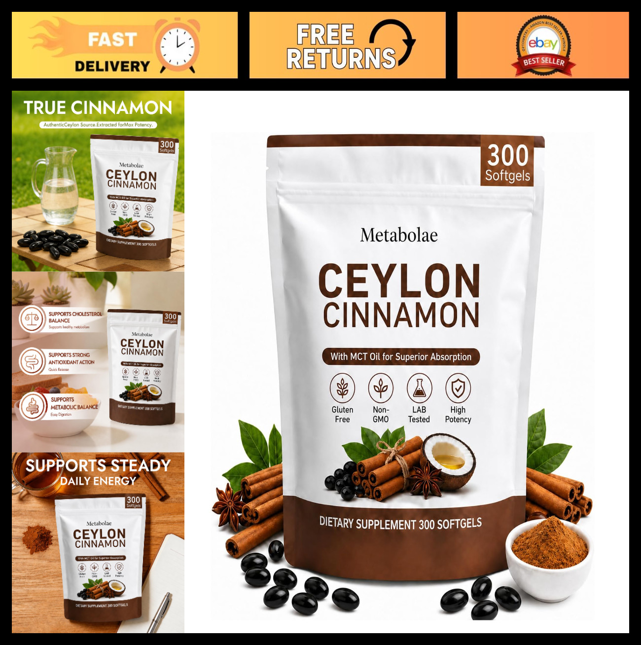 Ceylon Cinnamon Supplements – Plant-Based, Non-GMO, Gluten-Free, 300 Softgels