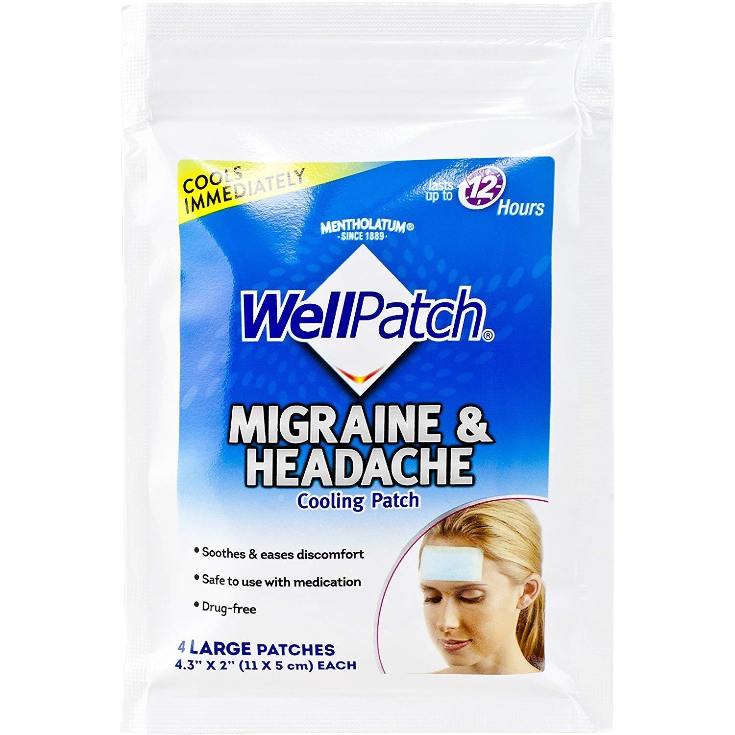 WellPatch Cooling Headache Pads, Migraine, 4 Large Patches- 4.3 x 2 Inch (Pac…